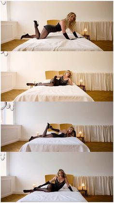 Woman in black lingerie and high heels posing on a bed