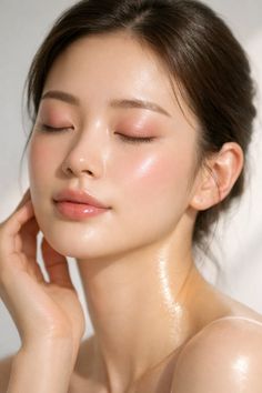 Woman with glowing skin and closed eyes, wearing pink makeup
