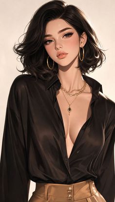 Woman with short dark hair wearing an unbuttoned black shirt and gold jewelry