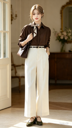 Woman in a brown shirt and white wide-leg pants with a scarf and handbag