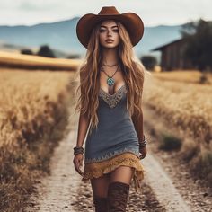 Woman in a cowboy hat and denim dress walking on a dirt road