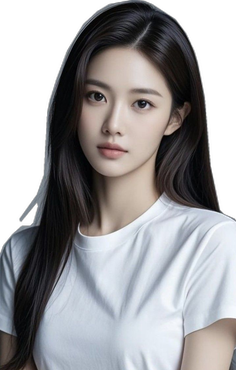 Woman with long black hair wearing a white t-shirt, upper body portrait