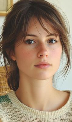Close-up portrait of a young woman with freckles and brown hair