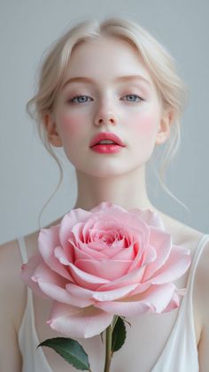 Blonde woman with blue eyes holding a pink rose against a light background