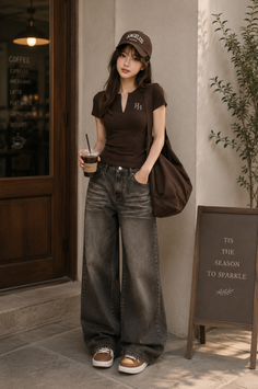 Woman in a brown shirt and wide leg jeans holding iced coffee outdoors