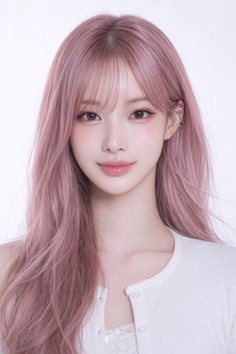 Woman with long pink hair and light makeup wearing a white top