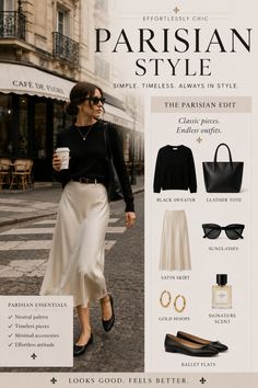 Woman in a black sweater and satin skirt walking on a street