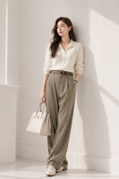 Woman in a cable knit sweater and wide leg pants holding a handbag indoors
