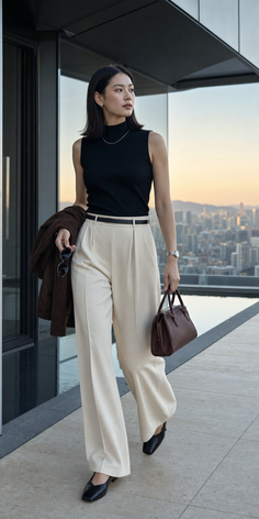 Woman in a black top and wide leg pants on a rooftop with a cityscape view