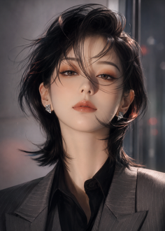 Woman with short black hair wearing a suit and earrings