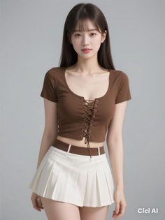 Woman with long hair wearing a brown lace-up crop top and white pleated skirt