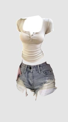 Upper body of a person wearing a ribbed short-sleeve top and ripped denim shorts