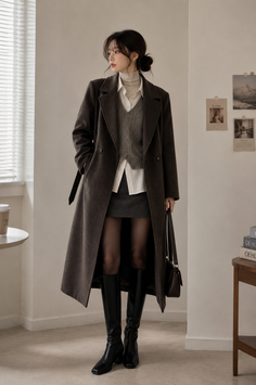 Woman in a long brown coat, mini skirt, and knee-high boots indoors