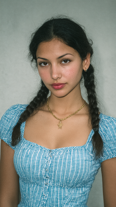Woman with pigtails wearing a blue gingham top and gold necklace