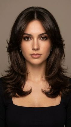 Woman with dark brown layered hair and pearl earrings in a black top
