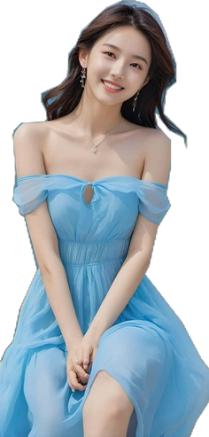 Woman in a light blue off-shoulder dress with long hair and jewelry, smiling
