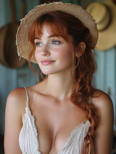 Woman with red hair and a straw hat, wearing a low-cut top