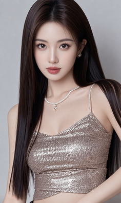 Woman with long dark hair wearing a sparkly top and pearl necklace