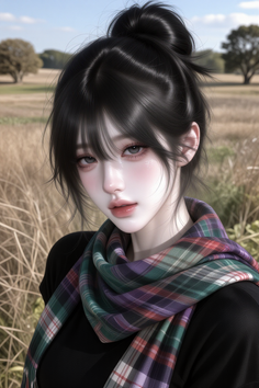 Woman with a hair bun and plaid scarf in a field under a clear sky