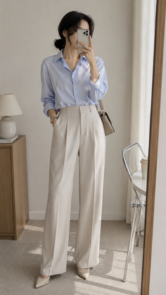 Woman in a blue shirt and wide leg pants taking a mirror selfie indoors