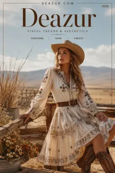 Woman in a cowboy hat and embroidered dress in a desert landscape
