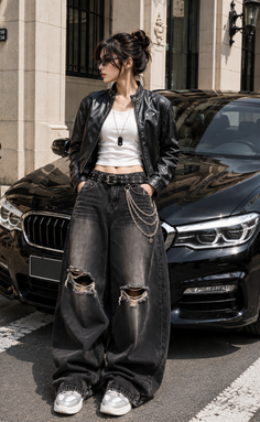 Woman in a black leather jacket and baggy ripped jeans standing by a black car