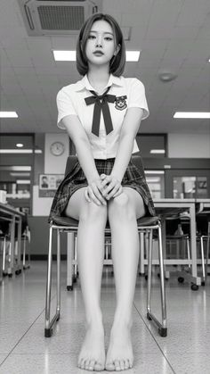 Woman in a school uniform sitting barefoot in a classroom
