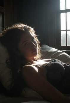 Woman in black lingerie lying on pillows with backlight from a window