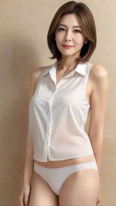 Woman with short hair wearing a white sleeveless shirt and white underwear