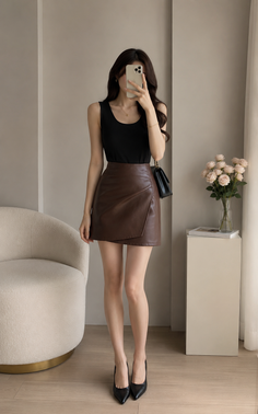 Woman in a black tank top and brown leather skirt taking a mirror selfie