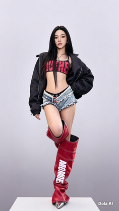 Woman with long black hair wearing a red crop top, denim shorts, and red boots