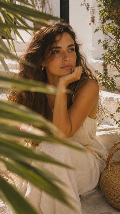 Woman with long curly hair in a white dress sitting outdoors