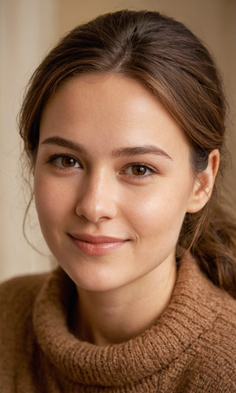 Woman with brown hair and eyes wearing a brown turtleneck sweater
