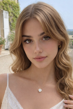 Young woman with long wavy blonde hair and a heart necklace outdoors