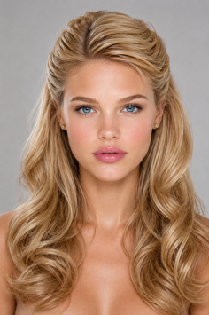 Woman with blonde hair and blue eyes looking directly at the camera