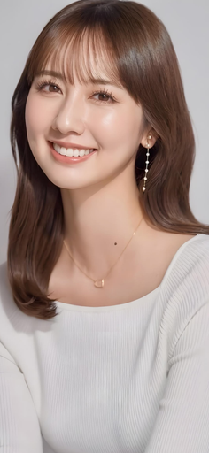 Woman with long brown hair and a white top smiling, wearing jewelry