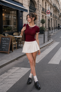 Woman in a white mini skirt and red top walking on a street in front of a cafe