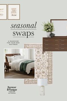 Collage of bedroom furniture and decor items including a bed, dresser, and rug