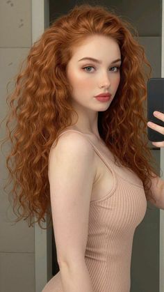 Woman with long curly red hair wearing a ribbed top, taking a selfie