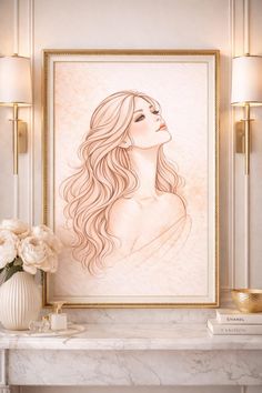 Illustration of a woman with long wavy blonde hair looking upwards