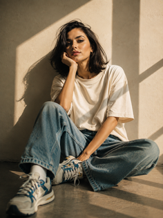 Woman with short dark hair wearing a t-shirt and jeans, sitting indoors with dramatic lighting