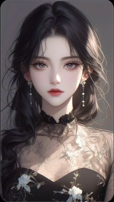 Illustration of a woman with long black hair wearing a lace dress and earrings