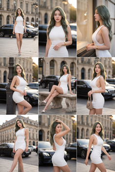 Woman in a white dress posing outdoors during golden hour