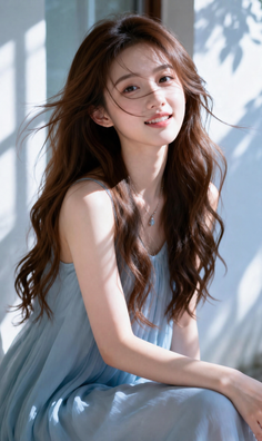 Woman with long brown hair in a light blue dress smiling in soft daylight