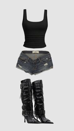 A black tank top, distressed denim shorts, and black high-heeled boots