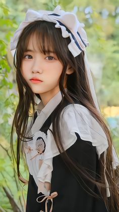 Anime style girl with long hair wearing a maid outfit and headband outdoors