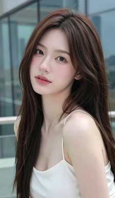 Woman with long brown hair wearing a white top, looking at the viewer