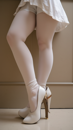 Person wearing white tights and high heels with a white dress