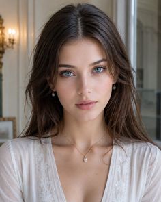 Woman with long brown hair and blue eyes wearing a white dress and jewelry