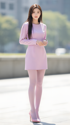 Woman in a pink dress, pink tights, and pink heels standing outdoors